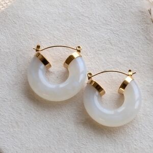 NWOT. White Mother Of Pearl Tube Hoop Earrings In 18k Gold Over Sterling Silver.